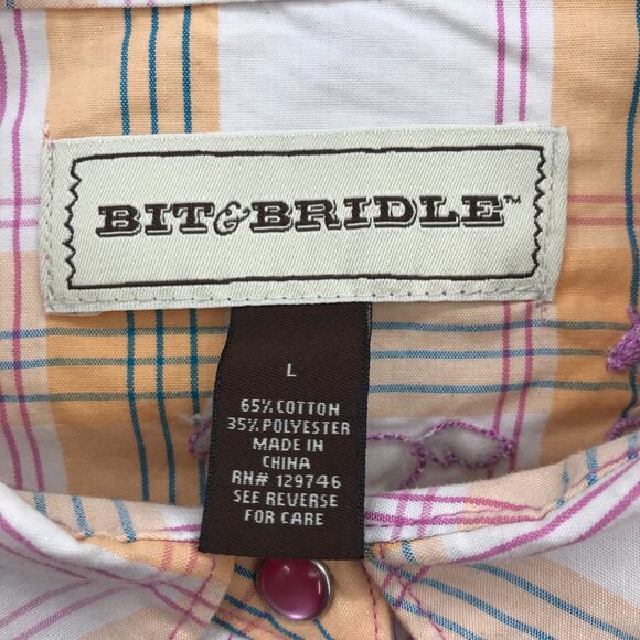 Bit & Bridle Plaid Snap Front Western Horse Embroidered Shirt Orange Pink Large - Picture 5 of 8